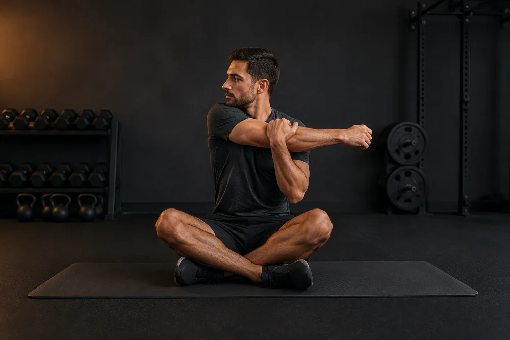 Athlete warming up with a seated shoulder stretch